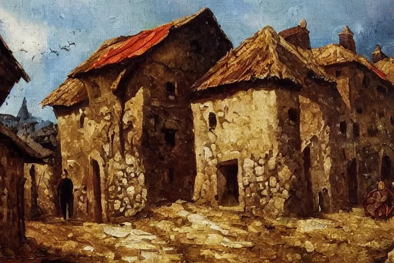 Image similar to old village, middle ages, oil painting, oil in canvas, brushstrokes