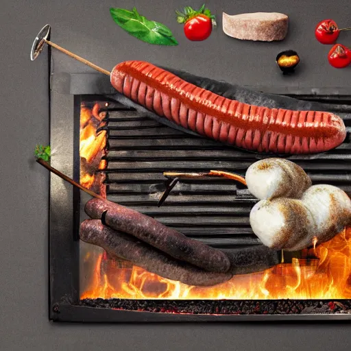 Image similar to a charcoal grill with sausages in the style of surrealist painter Salvador dali