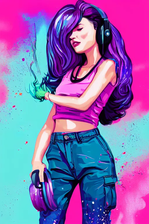 Image similar to a award winning half body portrait of a beautiful woman in a croptop and cargo pants with ombre purple pink teal hairstyle with head in motion and hair flying listenin to music on headphones by wlop, paint splashes and splatter, outrun, vaporware, shaded flat illustration, digital art, trending on artstation, highly detailed, fine detail, intricate