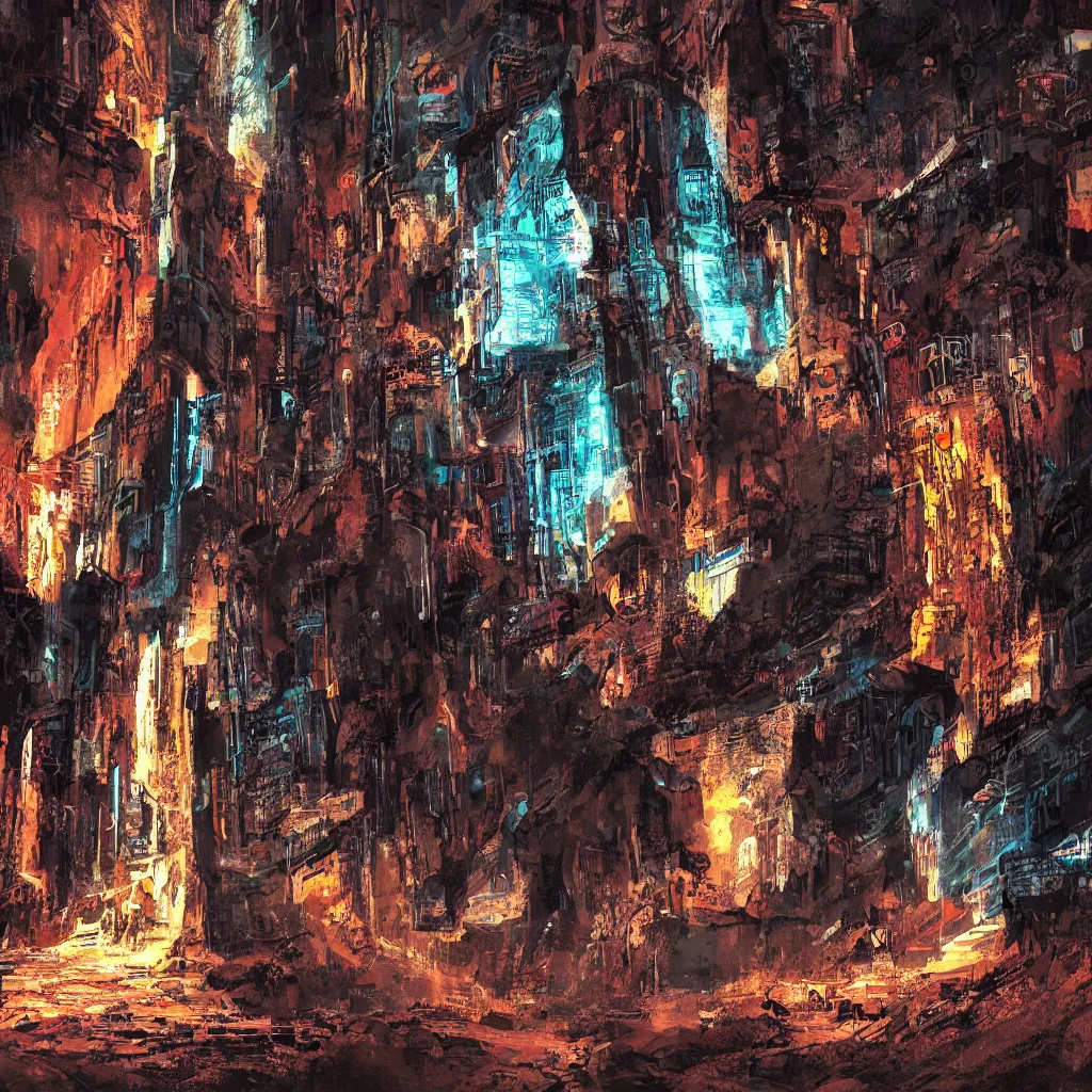 Image similar to a cave painting of a cyberpunk cave