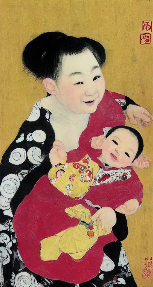 Prompt: A baby girl sitting, toy in hand, selfie, big smile, art by Qi Baishi and Klimt