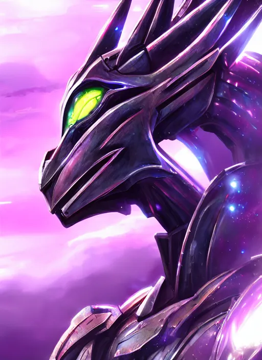 Image similar to cinematic goddess close shot, cosmic sized beautiful stunning elegant hot giant robot mecha female dragon, sharp cyborg dragon head, sharp metal ears, led glowing purple eyes, smooth fuschia skin, smooth silver armor, floating in space, epic proportions, epic scale, macro furry, furry art, dragon art, goddess art, giantess art, warframe fanart, furaffinity, octane