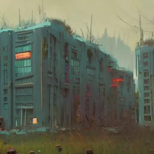 Image similar to the abandoned avengers compound, art by simon stalenhag