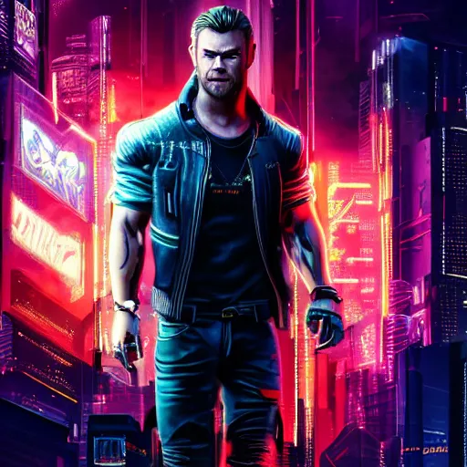 Image similar to chris hemsworth portrait, cyberpunk 2 0 7 7, cyberpunk, photorealistic, ultra detailed, neon, octane, bokeh, cinematic lighting, cyber, cyberpunk city, studio quality, feature, scars, cyberface, 8 k