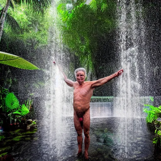 Image similar to 4 k hdr full body wide angle sony portrait of two ronald reagans showering in a tropical bali jungle shower with moody stormy overcast lighting