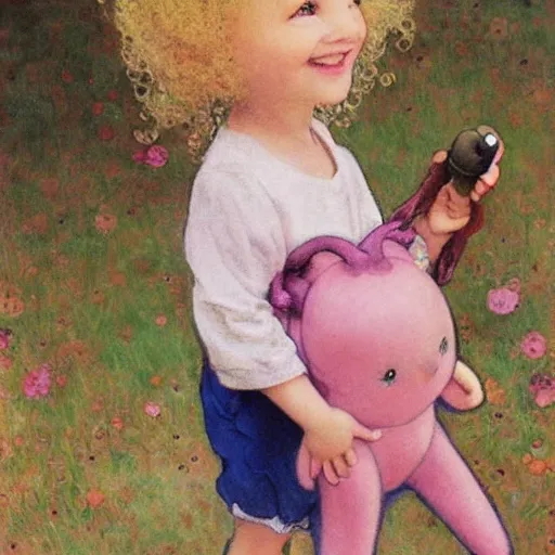 Image similar to a beautiful smiling little [[[[[[[[blonde toddler]]]]]]]]] girl with short loosely curly hair, at the park on a beautiful day, holding a round all-pink stuffed penguin, by Artgerm, Mucha Klimt, Hiroshi Yoshida and Craig Mullins, featured on Artstation, CGSociety, Behance HD, Deviantart