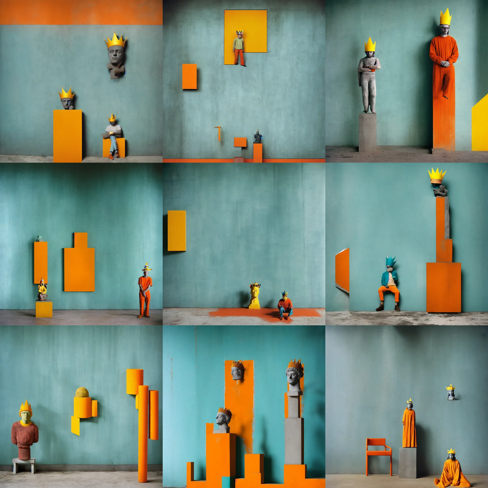 Image similar to kodak portra 4 0 0, 8 k, shot of a highly detailed, britt marling style, colour still - life portrait of a large minimalistic room, rough concrete walls, a single rough carved wooden teal and orange striped coloured statue is standing on a concrete podest with a yellow crown on his head, muted colours