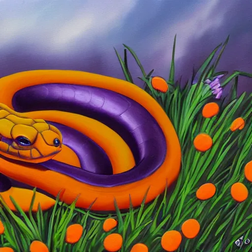 Prompt: a orange and black snake in a purple field realistic painting highly detailed