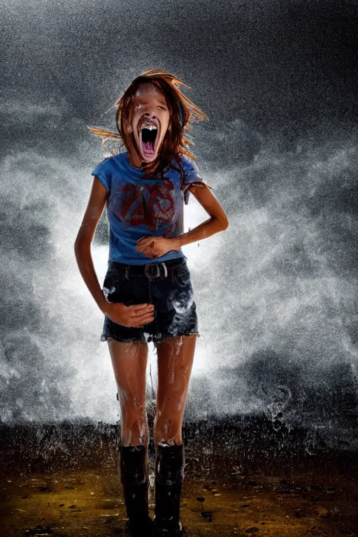 Image similar to apocalyptic photograph of a teenage girl screaming face toward the camera wearing wet!! and ripped!!! shirt and shorts while a terrifying robot!!! stands very tall in the distance, short dof, atmospheric, rain and smoke and lightning, bold colors, dramatic movie still