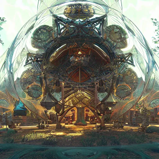 Image similar to fantasy village cryengine sacred geometry render by android jones, syd mead, and john stephens