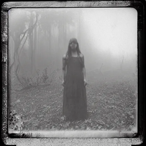 Image similar to an ancient evil-girl devouring the human souls on a mysterious Colombian jungle, mist, abandoned house, 1910 polaroid photography, grainy film, Black and white