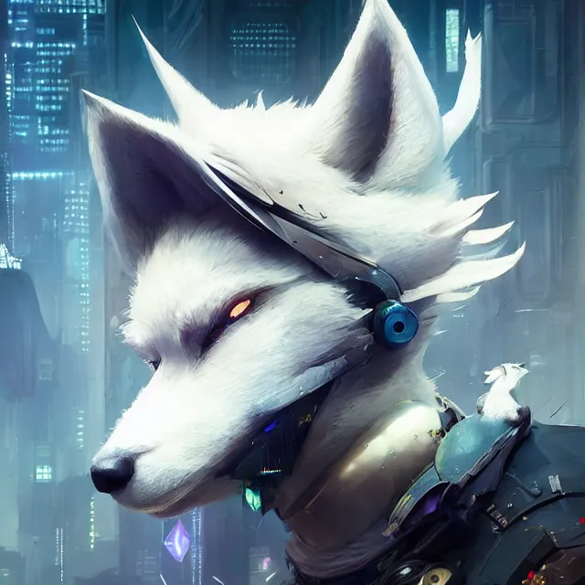 Prompt: a beautiful portrait of a cute male anthropomorph white wolf wearing in cyberpunk city. character design by cory loftis, fenghua zhong, ryohei hase, ismail inceoglu and ruan jia. artstation, volumetric light, detailed, photorealistic, rendered in octane