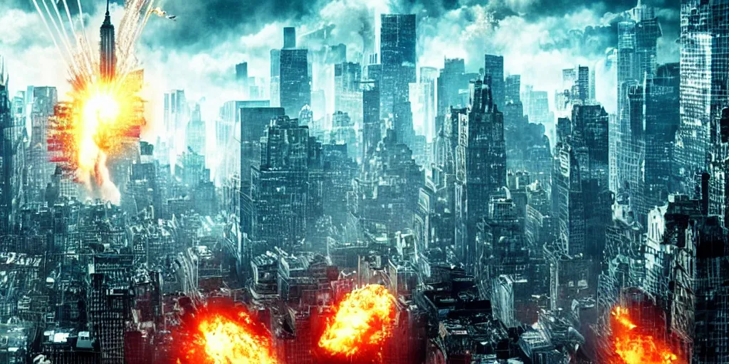 Image similar to A Cyber Kaiju Attacking new york, cinematic, Michael bay movie
