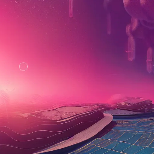 Image similar to panorama,utopia,science fiction,bio-inspired,organic,sunny,fashion of future,retro wave, pink hues,octane render