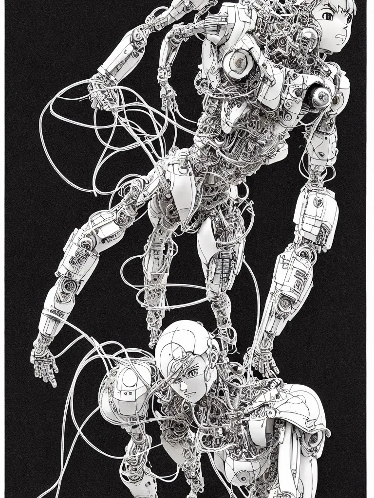 Prompt: prompt: Fragile looking figure, portrait face drawn by Katsuhiro Otomo, full body character drawing, inspired by Evangeleon and Akira 1988, cyborg and wire details parts with details, clean ink detailed line drawing, intricate detail, manga 1990, golden ration composition