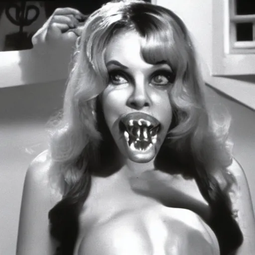 Image similar to Still from a Russ Meyer film about a woman and her friend, an anthropomorphic tooth, color 1970