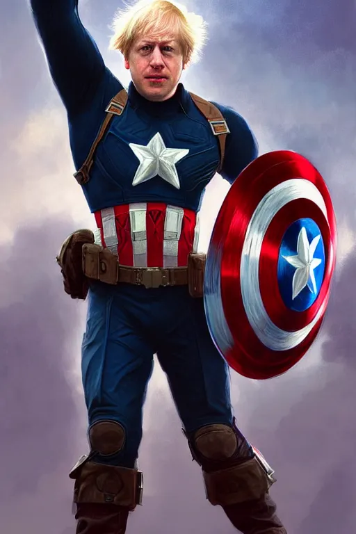 Image similar to Boris Johnson as Captain America, realistic portrait, symmetrical, highly detailed, digital painting, artstation, concept art, smooth, sharp focus, illustration, cinematic lighting, art by artgerm and greg rutkowski and alphonse mucha