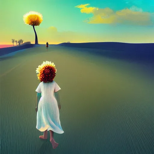 Image similar to portrait, giant dahlia flower head, girl walking between dunes, surreal photography, sunrise, blue sky, dramatic light, impressionist painting, digital painting, artstation, simon stalenhag