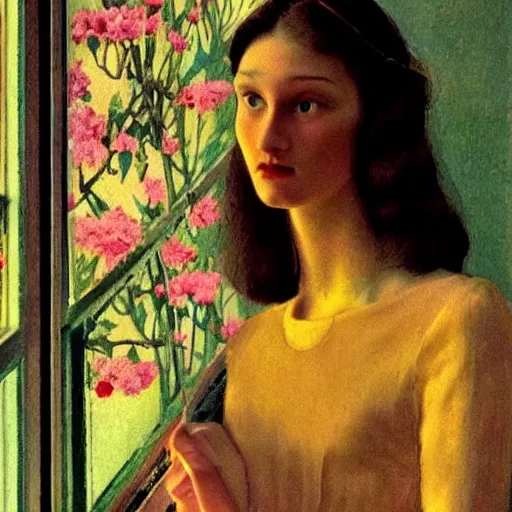 Prompt: a lot of different flowers morphing in a beautiful girls face, film still by wes anderson, depicted by balthus, limited color palette, very intricate, art nouveau, highly detailed, lights by hopper, soft pastel colors, minimalist