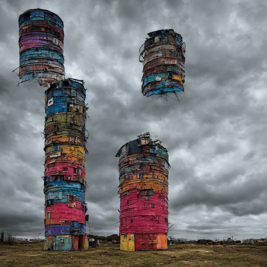 Prompt: close - up view of a circular tower made up of colourful makeshift squatter shacks, bleached colours, moody cloudy sky, dystopia, mamiya, very detailed, photographed by cristina de middel