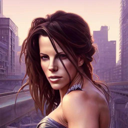 Prompt: upper half portrait of kate beckinsale as katana girl, urban street clothes, urban city background, intricate, elegant, highly detailed, digital painting, trending on artstation, concept art, smooth sharp focus, illustration, art by artgerm and greg rutkowski alphonse mucha 8 k