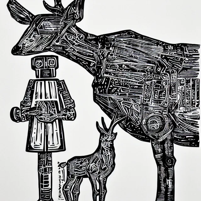 Image similar to linocut of a robot and a deer. pink, black and white color pallette.