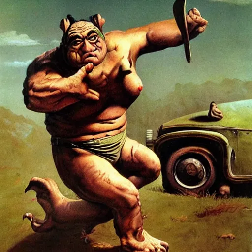 Image similar to mr bean troll, frank frazetta