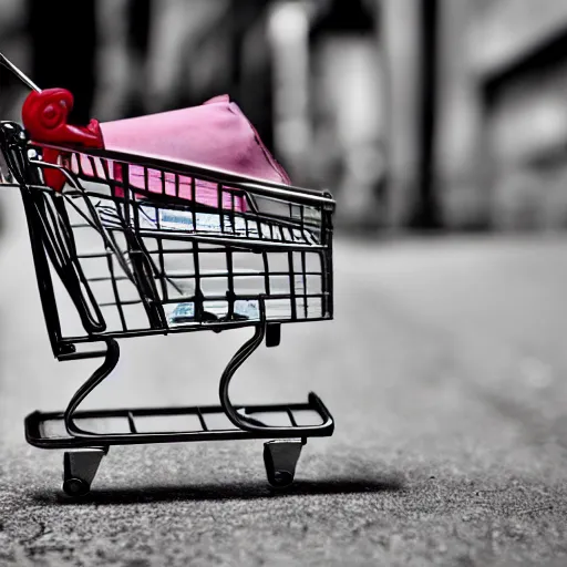 Prompt: homeless Barbie doll, pushing shopping cart on Skid Row, 8k, photorealistic