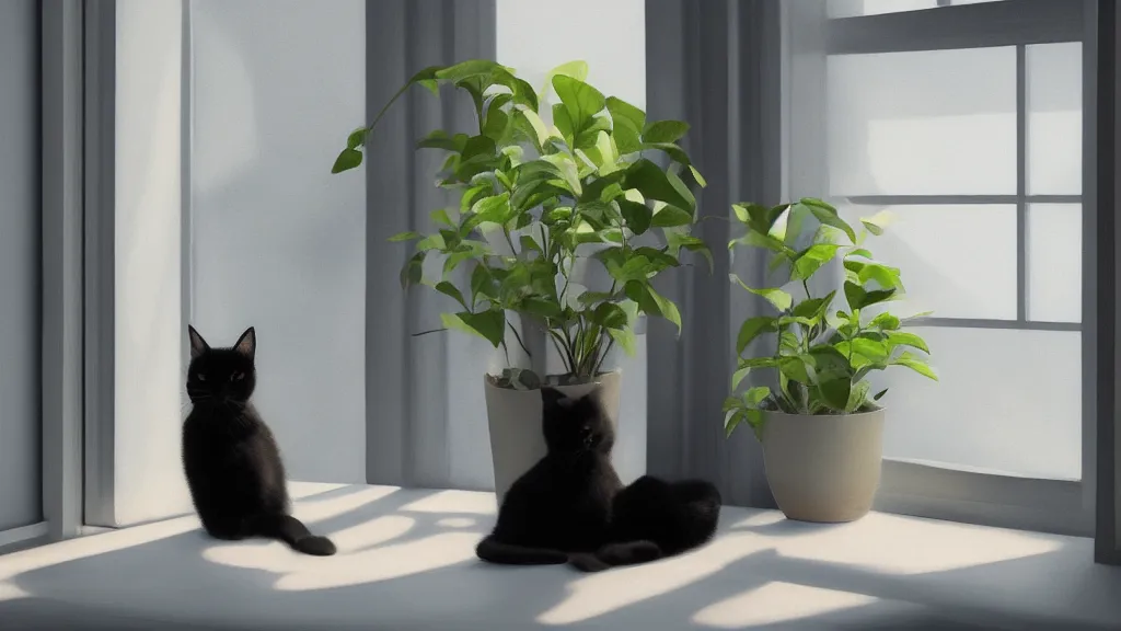 Image similar to peaceful dreamy painting of a content black cat sitting by a window and looking outside, sunshine coming through the window, small plants on the window sill, 8k, hyper realism, trending on artstation, octane render, dynamic lighting