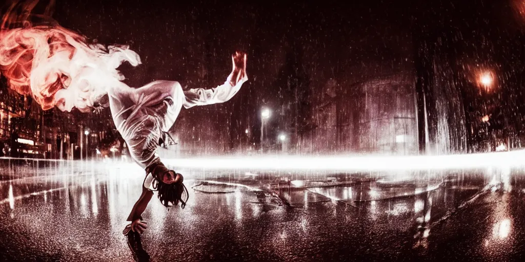 Image similar to fisheye lens slow motion with trail effect of futuristic break dancer wearing floating long dress surrounded my tongues of fire, long exposure shot , at night in the middle of a rainy street, paddle of water, steam, fog, water splashes, rim lights, glossy reflections, water droplets on lens, octane render, dark and dramatic, detailed and soft, fisheye lens, smooth, sharp focus, illustration, art by artgerm and greg rutkowski