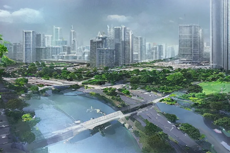 Image similar to linear park and esplanade along pasig river, view of the river and metro manila skyline, concept art, artstation