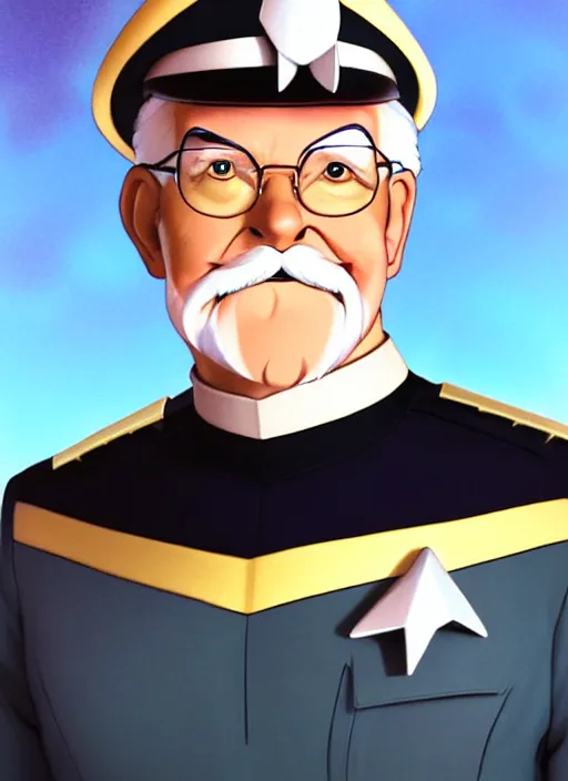 Image similar to cute star trek officer colonel sanders, natural lighting, path traced, highly detailed, high quality, digital painting, by don bluth and ross tran and studio ghibli and alphonse mucha, artgerm