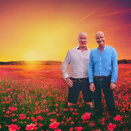 Image similar to a man is white and balding, and middle aged, and the other man is latino and skinny, together in a field of flowers at sunset, realistic, intricate, 4k