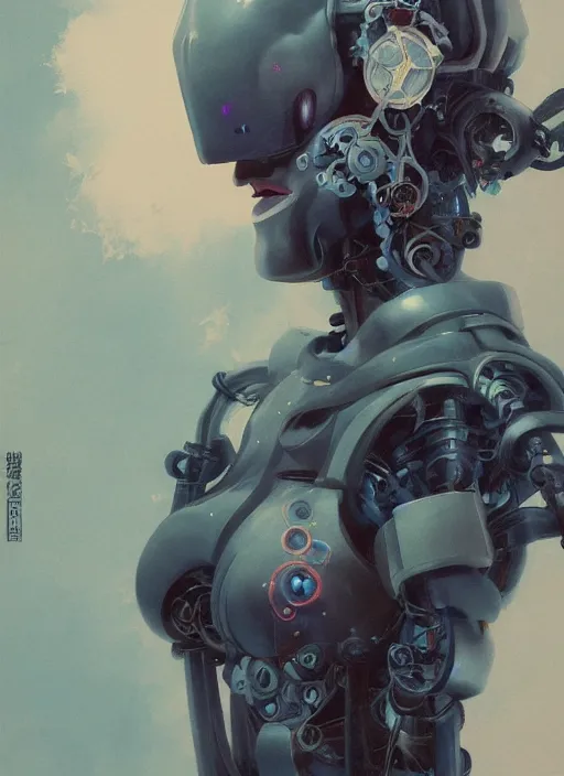 Prompt: surreal gouache painting, by yoshitaka amano, by ruan jia, by conrad roset, by good smile company, detailed anime 3d render of a female mechanical android, portrait, cgsociety, artstation, modular mechanical costume and headpiece, dieselpunk atmosphere