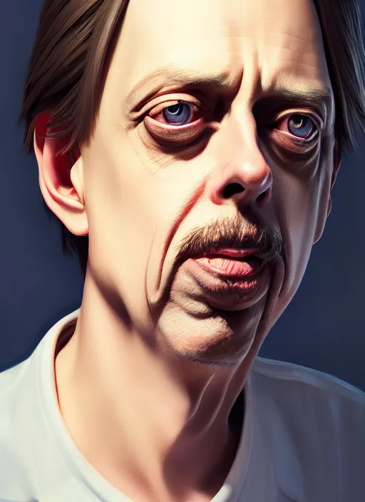 Image similar to a potrait of steve buscemi as an anime, fine, realistic, shaded, lighting, ilya, kuvshinov, katsuhiro, artgerm, jeremy, lipkin, michael, garmash, unreal, engine, 5, radiant, light, detailed, intricate, environment