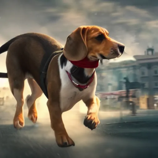 Image similar to gigantic 1 0 0 metres beagle attacking a city, epic cinematic, 4 k, very high detail, epic scale