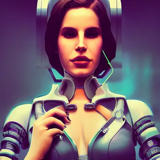 Image similar to portrait of lana del rey as a cyborg. intricate abstract. intricate artwork cyberpunk by tooth wu, wlop, beeple, dan mumford. octane render, trending on artstation, greg rutkowski ruan jia, cinematic, hyper realism, unreal 4, high detail, octane render, 8 k, key art, iridescent accents