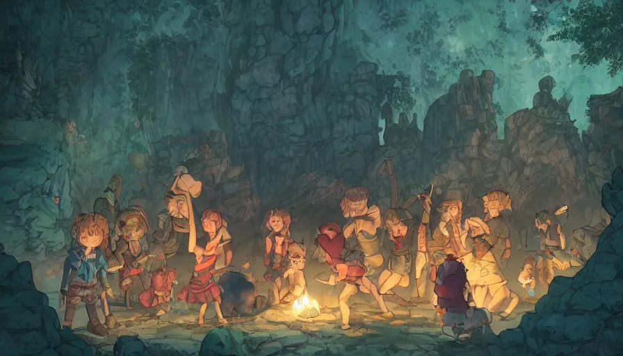 Image similar to stone age rave in a cave, torchlight, serene evening atmosphere, soft lens, soft light, cel - shading, animation, in the style of cgsociety, deviantart, artstation, zbrush, cinema 4 d, studio ghibli, akihiko yoshida, atelier lulua, masamune shirow