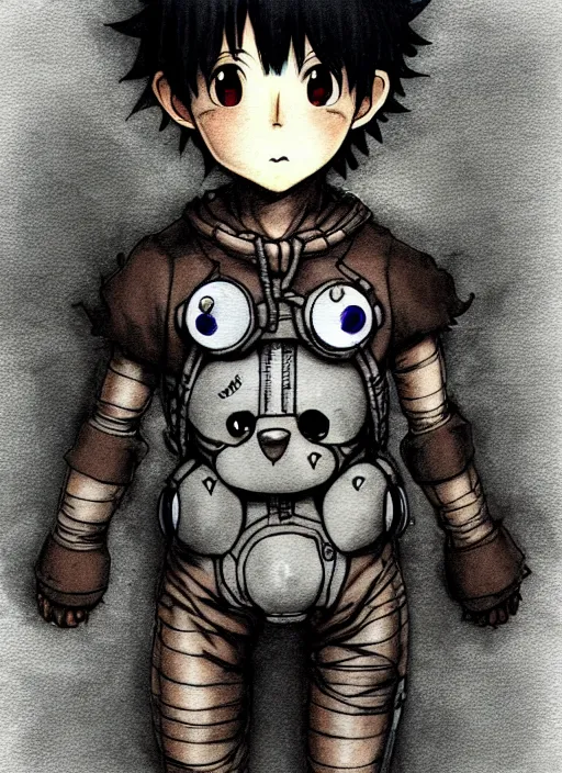 Image similar to beautiful little boy wearing an cyborg bear suit, artwork in kentaro miura and made in abyss and rosdraws, smooth, beautiful lightness, anatomically correct, trending on pixiv, forest