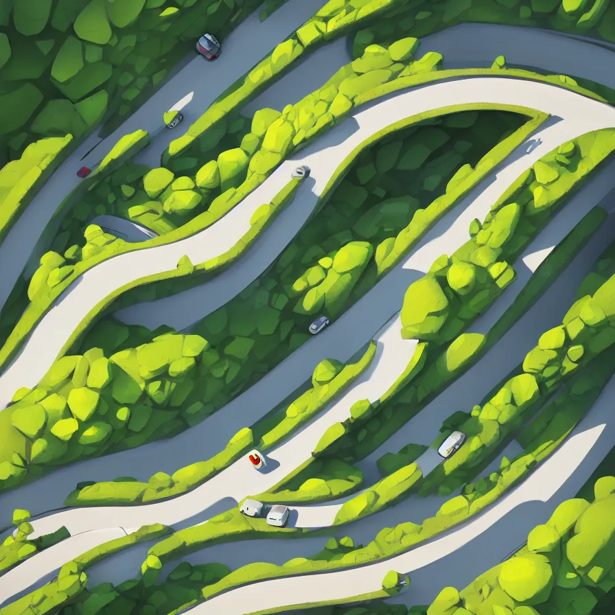 Image similar to View from above of a mountain road descending in curves, art by Goro Fujita, ilustration, concept art, sharp focus, ArtStation and deviantart