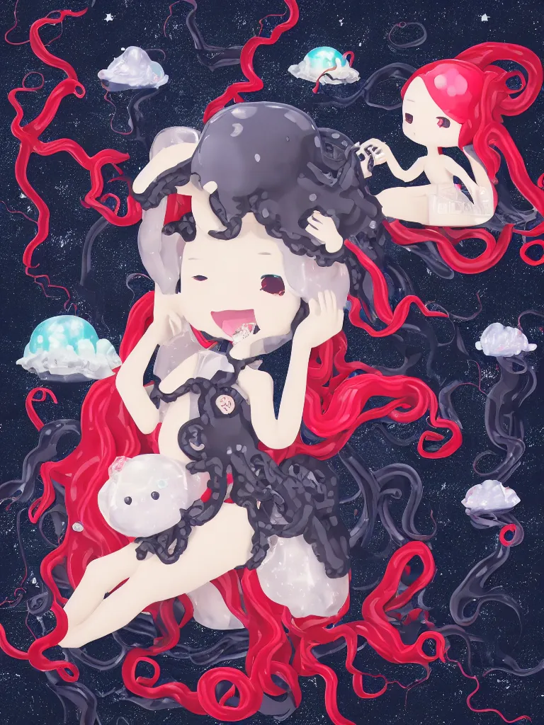 Image similar to cute fumo plush chibi gothic translucent octopus maiden alien girl combing her hair in the waves of the wavering dark galactic abyss, black and red dress with ribbons, ocean wave thunderstorm and reflective splashing water, black and white, ocean simulation, vignette, vray