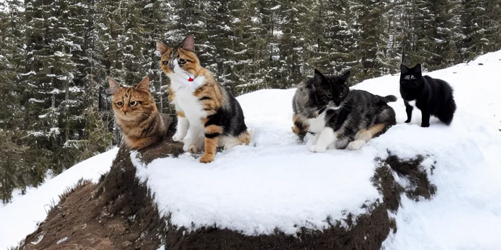 Prompt: a dog and a cat in the top of a snow mountain