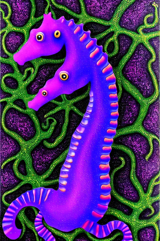 Prompt: a portrait of a purple seahorse statue on a cobblestone platform lush with various plants, black paper, beautiful intricate painting by kokaris