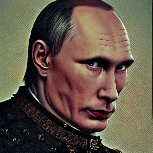 Image similar to vlad putin became stupid imbecile retard degenerate photo - realistic, color image, hyper realistic, 2 k, highly detailed, occult art, by giger, fractal structure