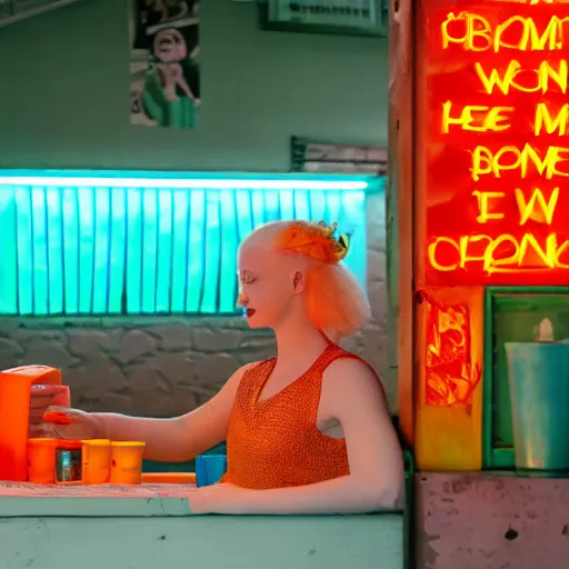 Image similar to cinematic photo of a beautiful albino frog woman lit with split colour turquoise and orange lighting buying lemonade from a childrens lemonade stand in suburbia