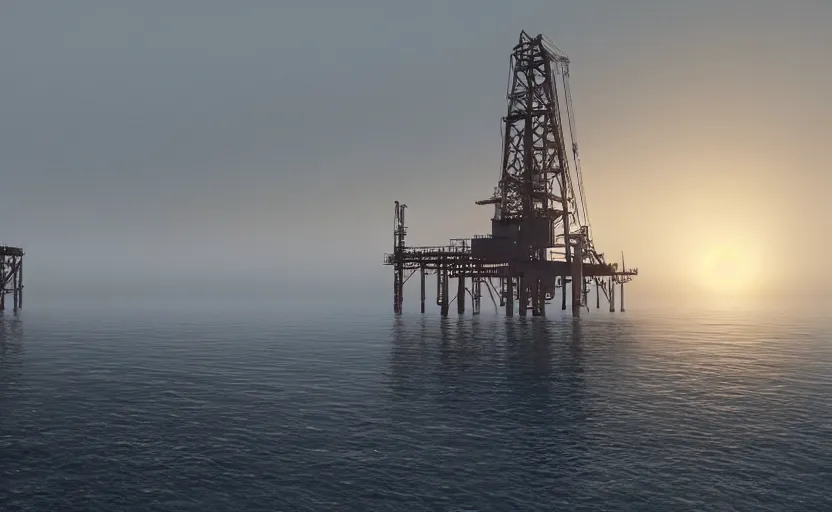 Image similar to old offshore oil rig, directed by charlie kaufman ( 2 0 0 1 ) anamorphic lenses, a rocky shore in the foreground, foggy volumetric light morning, a beam of light from the heavens, cinematic trending on artstation in the style of greg rutkowski