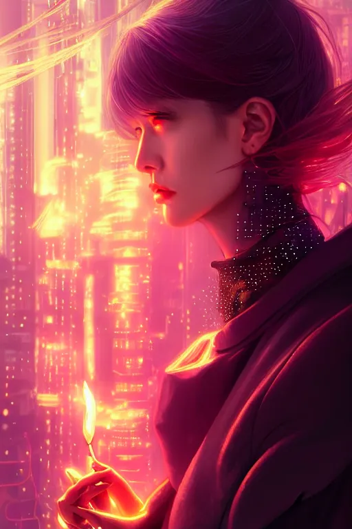 Prompt: portrait futuristic wizard Girl with fire and sparkles, in future cyberpunk tokyo rooftop , ssci-fi, fantasy, intricate, very very beautiful, elegant, human anatomy, human structure, neon light, highly detailed, digital painting, artstation, concept art, smooth, sharp focus, illustration, art by tian zi and WLOP and alphonse mucha