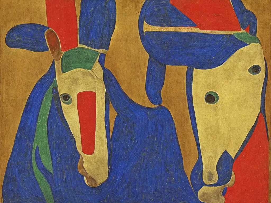 Prompt: portrait of a horse head with painted archaic totemic oceanian mask. lapis lazuli, malachite, cinnabar, petrol, gold. painting by piero della francesca, balthus, agnes pelton