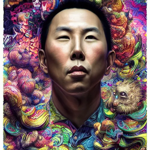 Image similar to portrait of donnie yen, hyper detailed masterpiece, neon floral pattern, jean giraud, digital art painting, darkwave goth aesthetic, psychedelic, artgerm, donato giancola and tom bagshaw