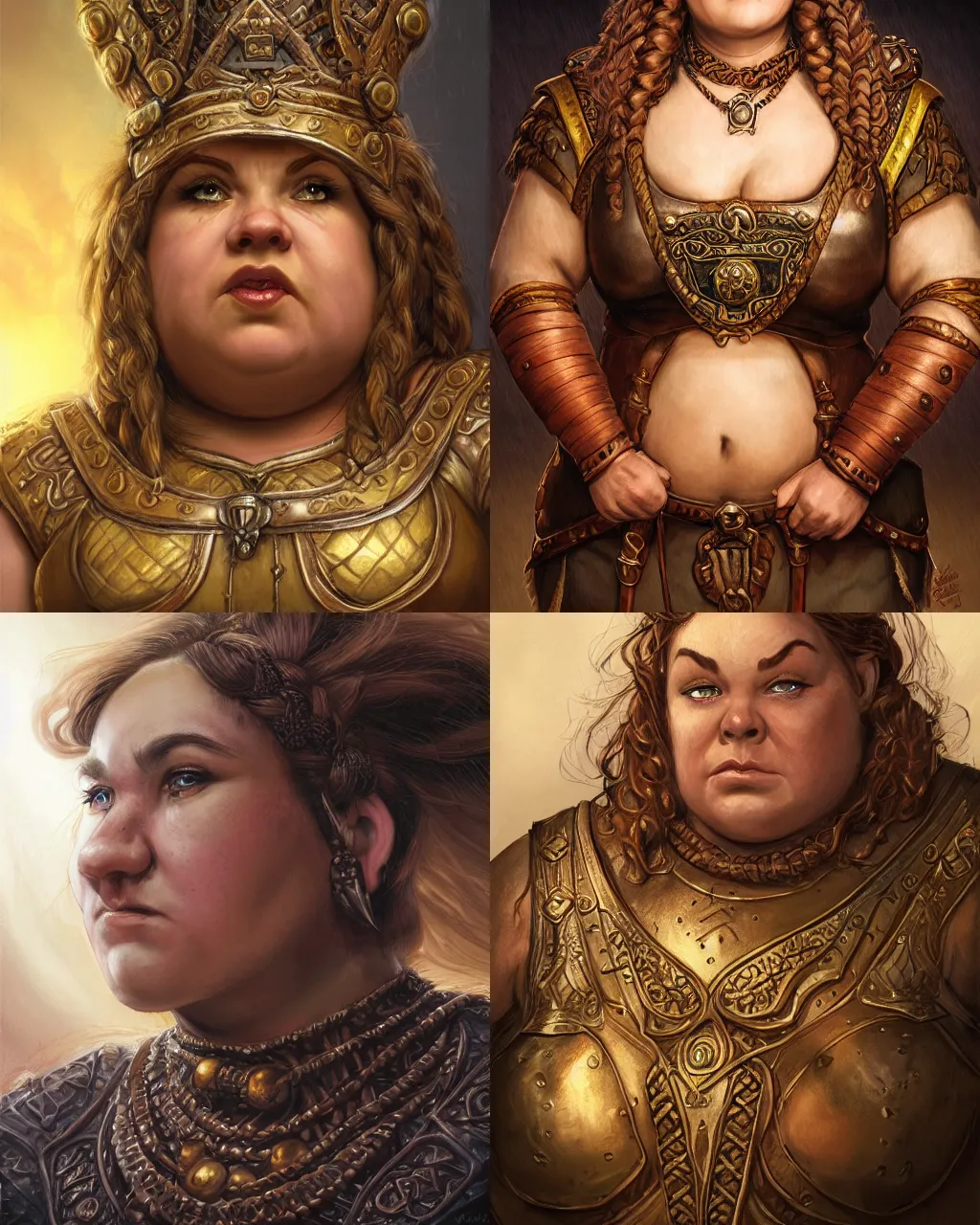 Prompt: portrait, chubby female dwarf queen, bronze dwarven breastplate, complex braided hair, regal and proud robust woman, bold serious expression, big nose style by jeff easley, brian froud, jeff easley dramatic light, high detail, cinematic lighting, artstation, dungeons and dragons, throne room,